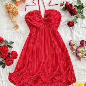 Red Boho Women's Sexy Textured Open Back Halter Neck Dress